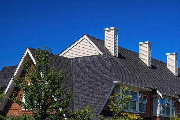 Durable charcoal color residential roof with architectural asphalt shingles