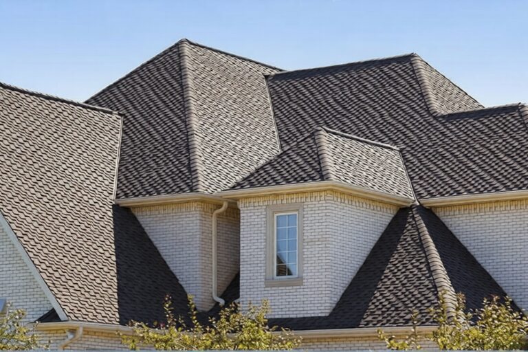 Complex hip roof with dimensional asphalt shingles