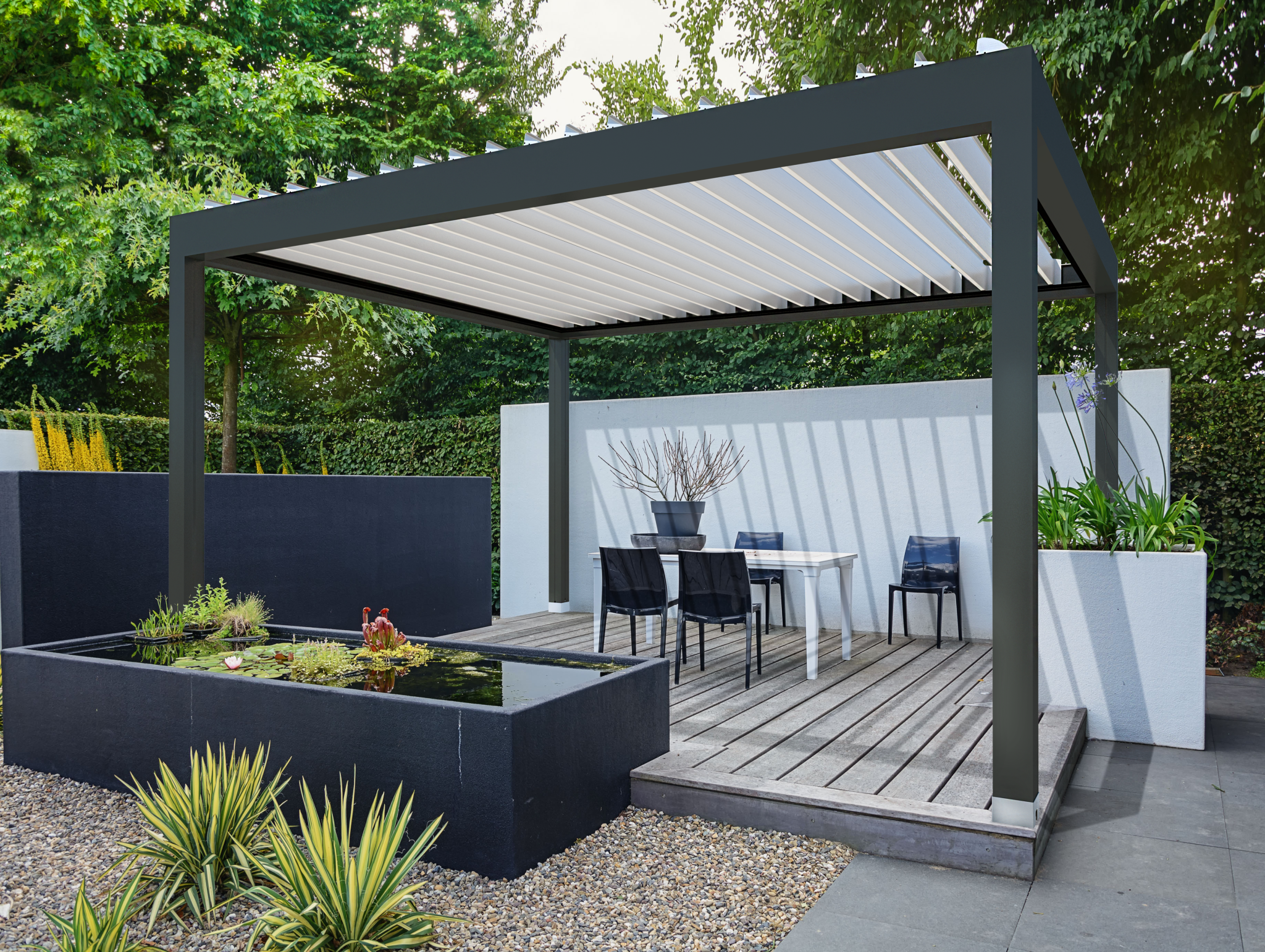Modern pergola systems with integrated shade, lighting, and heaters